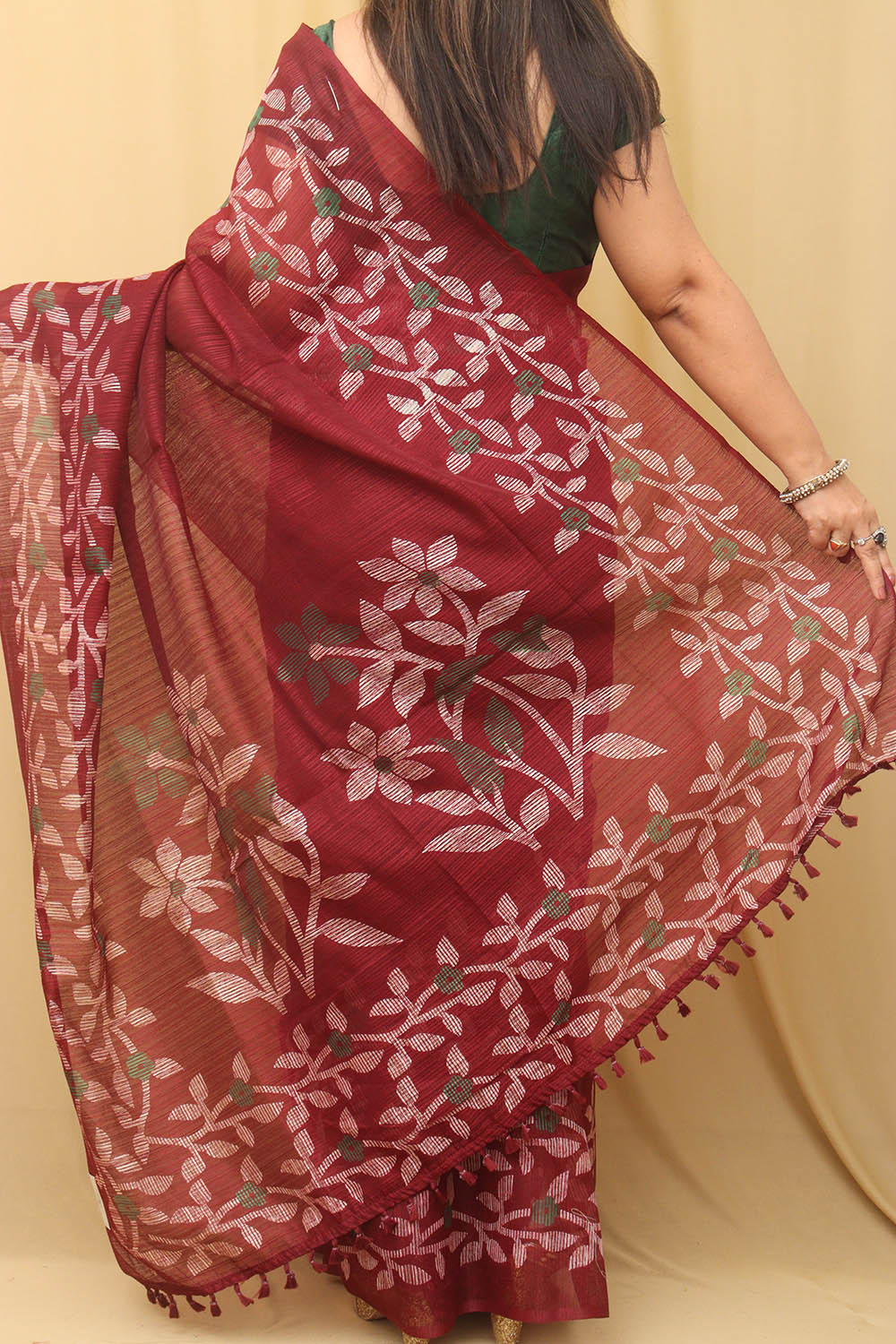 Elegant Maroon Jamdani Print Tussar Silk Saree - Luxurion World