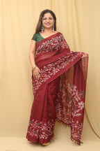 Elegant Maroon Jamdani Print Tussar Silk Saree - Luxurion World
