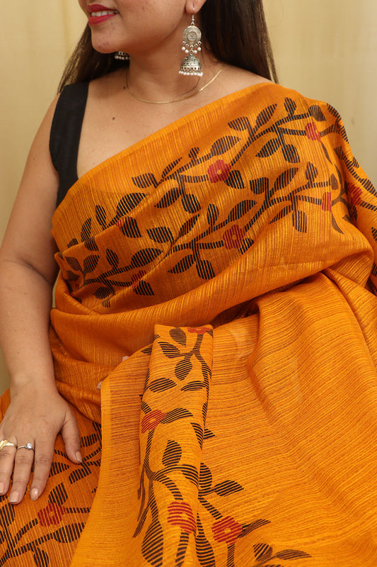 Yellow Jamdani Print Semi Tussar Silk Saree - Luxurion World