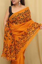 Yellow Jamdani Print Semi Tussar Silk Saree - Luxurion World