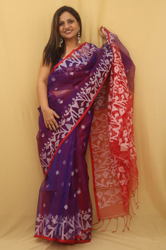 Exquisite Purple And Red Handloom Jamdani Muslin Saree - Perfect for Any Occasion