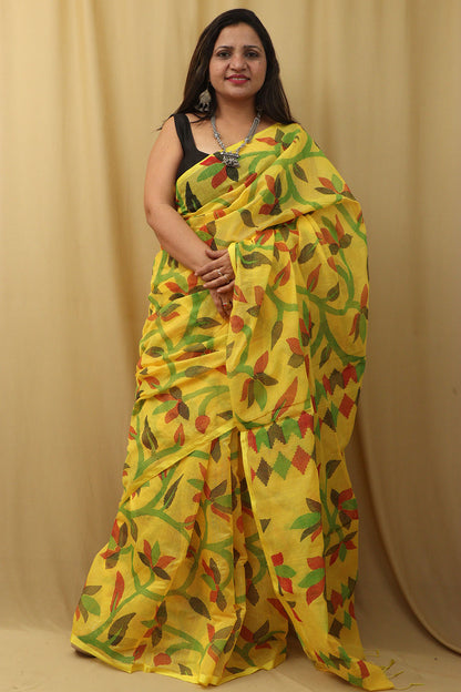Yellow Jamdani Print Tussar Silk Saree: Elegant and Stylish - Luxurion World