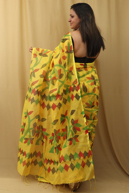 Yellow Jamdani Print Tussar Silk Saree: Elegant and Stylish - Luxurion World