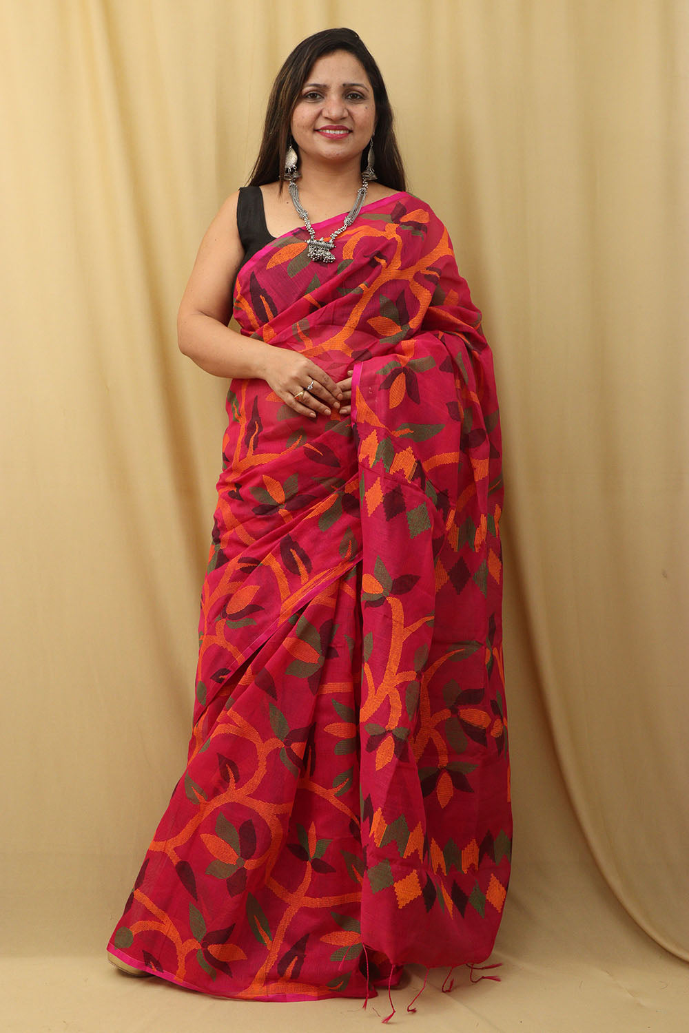 Stunning Pink Jamdani Print Tussar Silk Saree - Luxurion World