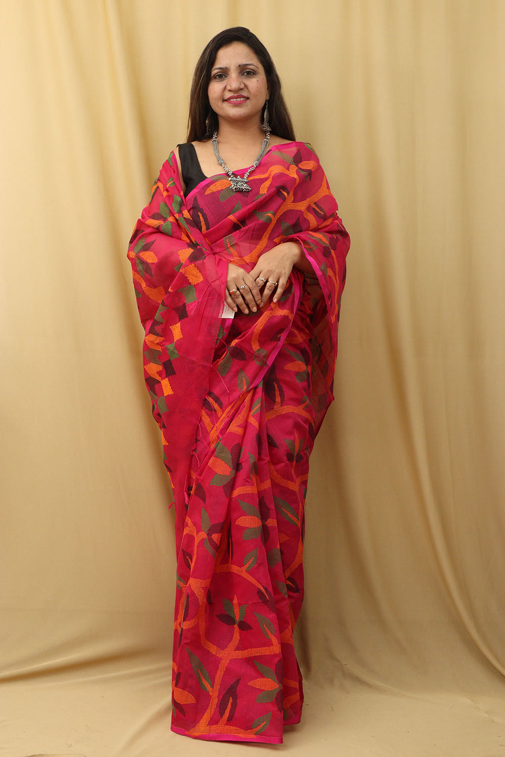 Stunning Pink Jamdani Print Tussar Silk Saree - Luxurion World