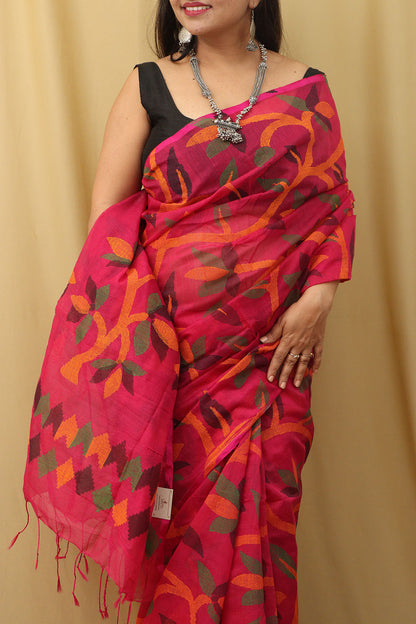 Stunning Pink Jamdani Print Tussar Silk Saree - Luxurion World