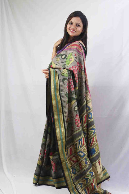 Stunning Multicolor Kalamkari Tussar Silk Saree with Vidharbha Border - Luxurion World