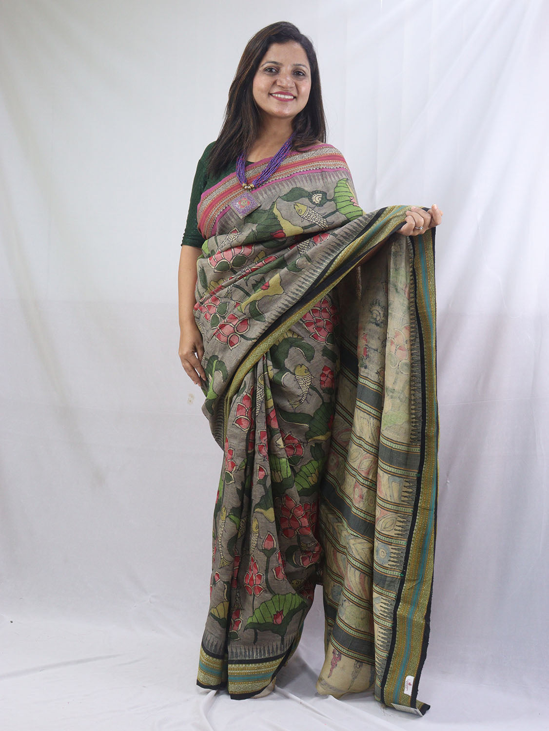 Stunning Multicolor Kalamkari Tussar Silk Saree with Vidharbha Border - Luxurion World