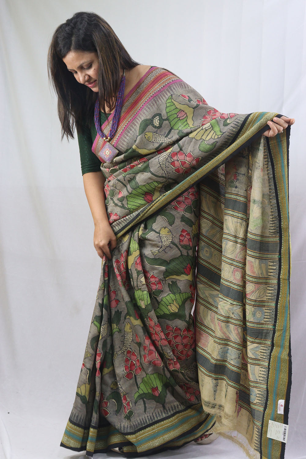 Stunning Multicolor Kalamkari Tussar Silk Saree with Vidharbha Border