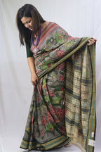 Stunning Multicolor Kalamkari Tussar Silk Saree with Vidharbha Border - Luxurion World