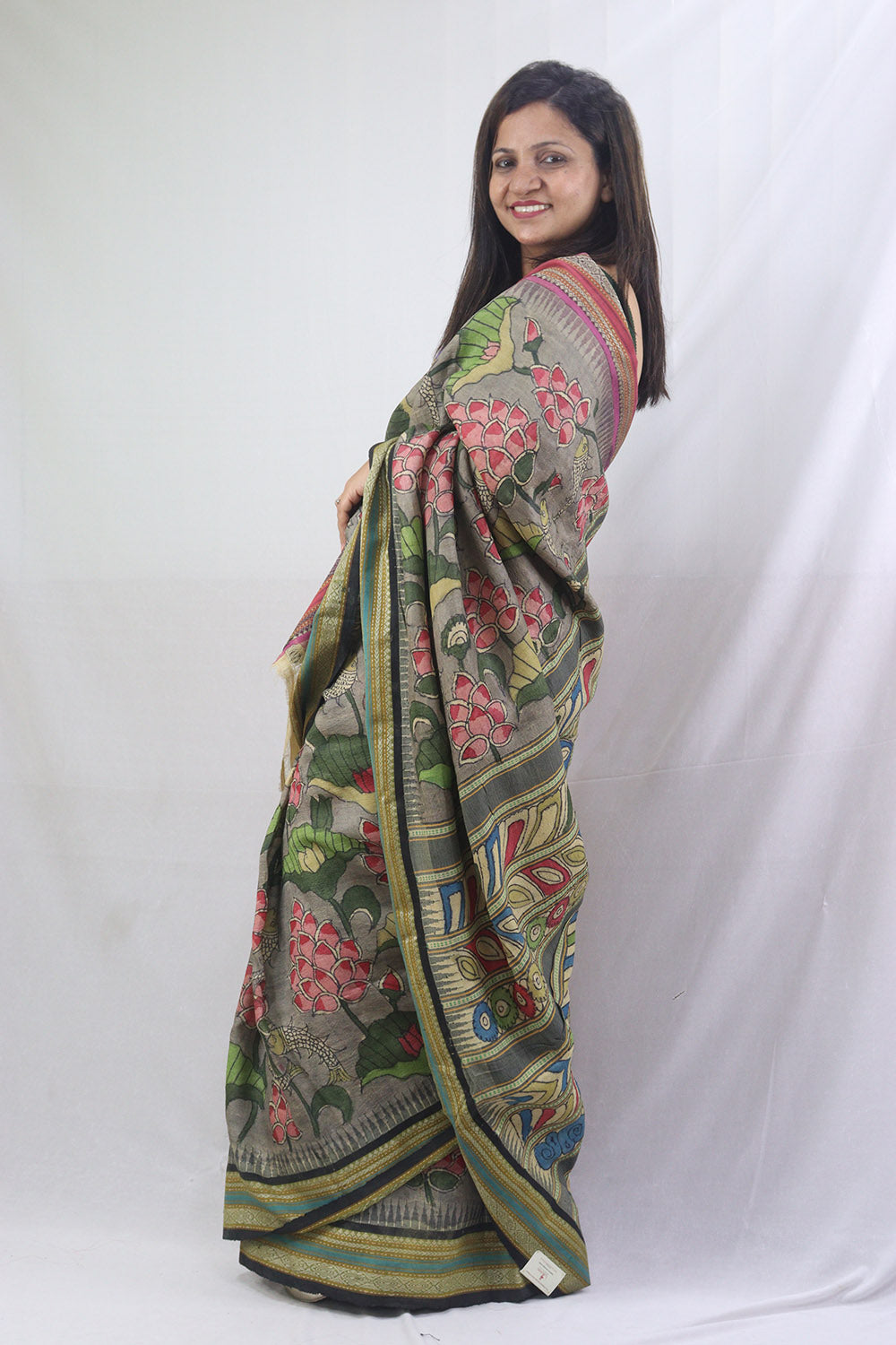 Stunning Multicolor Kalamkari Tussar Silk Saree with Vidharbha Border - Luxurion World