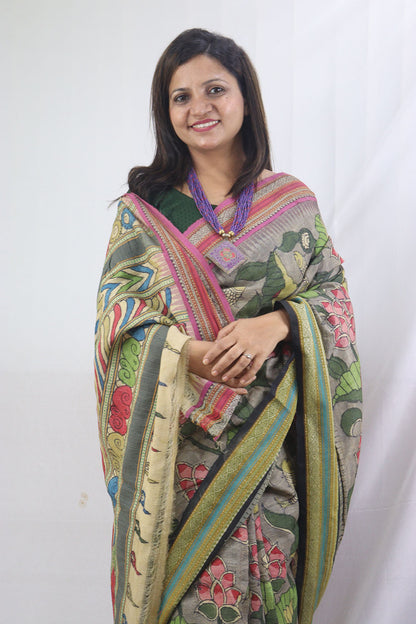 Stunning Multicolor Kalamkari Tussar Silk Saree with Vidharbha Border