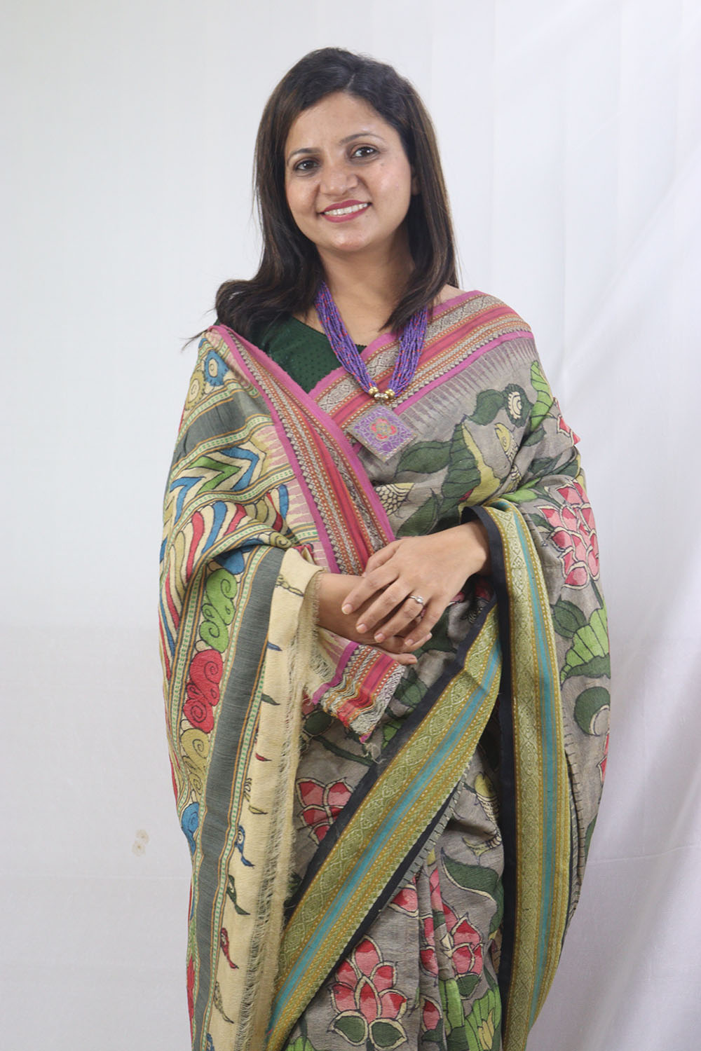 Stunning Multicolor Kalamkari Tussar Silk Saree with Vidharbha Border - Luxurion World