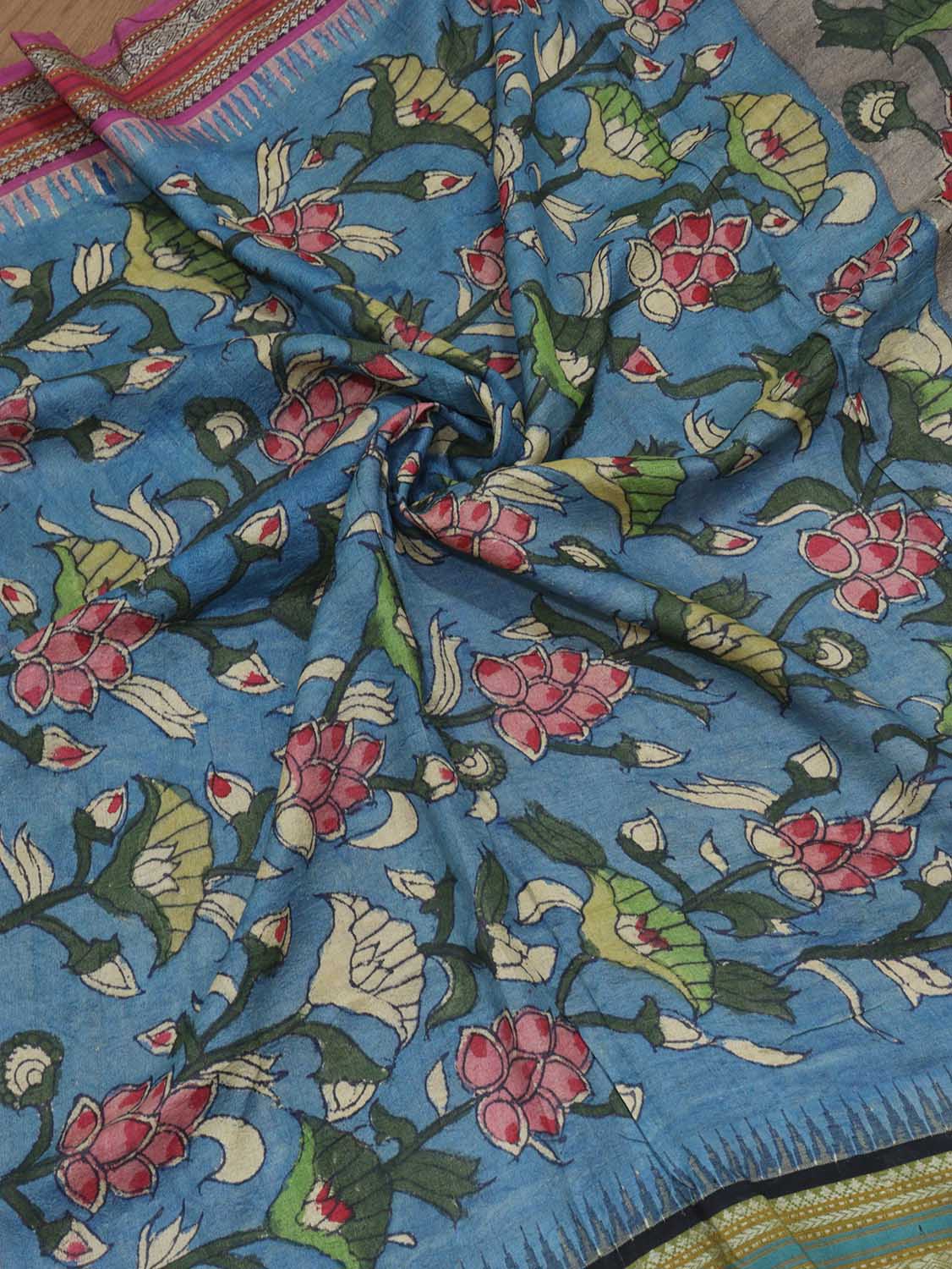 Stunning Multicolor Kalamkari Tussar Silk Saree with Vidharbha Border - Luxurion World