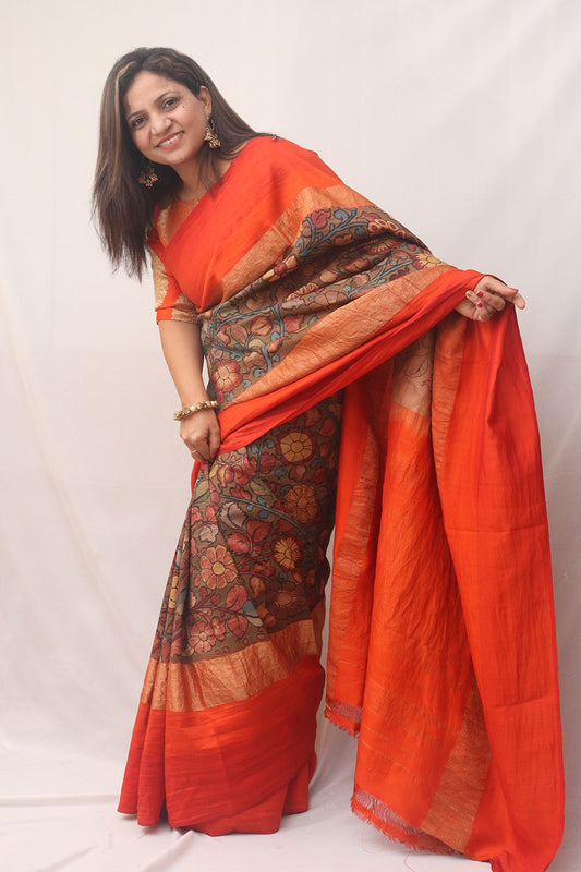 Stunning Multicolor Pen Kalamkari Pure Silk Saree - Luxurion World