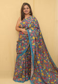 Blue Pen Kalamkari Pure Silk Saree - Luxurion World