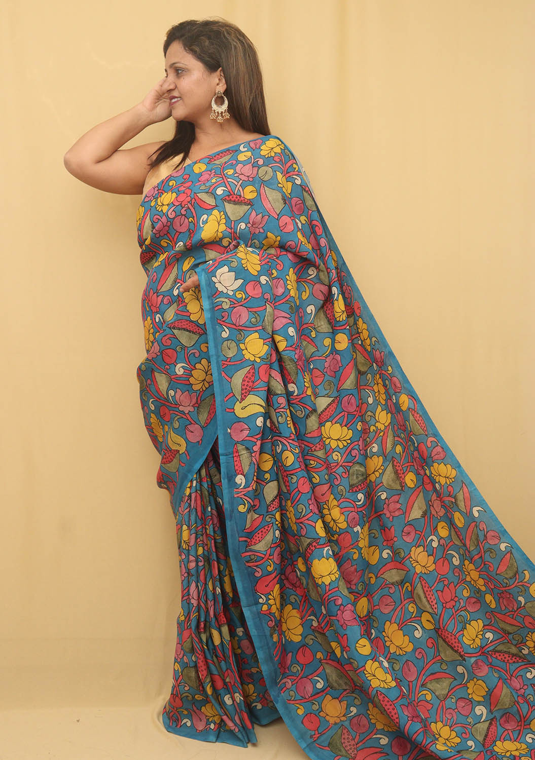 Red Lotus Pen Kalamkari Silk Saree : Festive Pure Silk Pen Kalamkari Saree