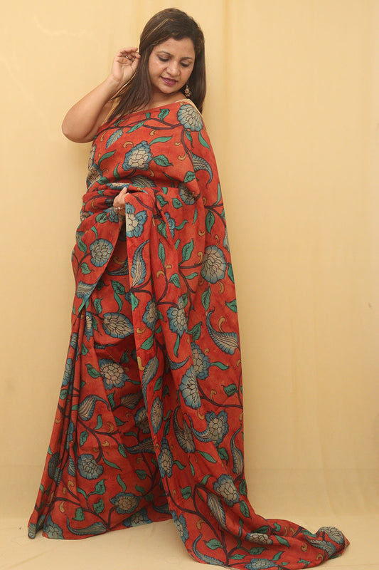 Red Pen Kalamkari Pure Silk Saree - Luxurion World