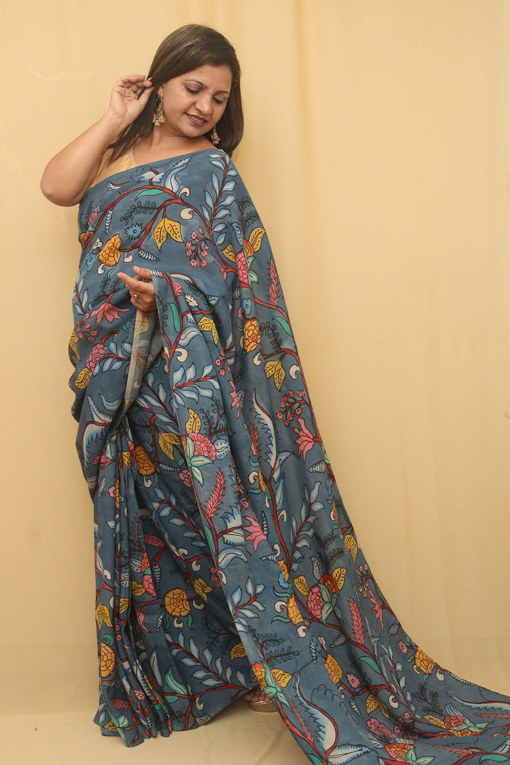 Blue Pen Kalamkari Pure Silk Saree - Luxurion World