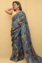 Blue Pen Kalamkari Pure Silk Saree - Luxurion World