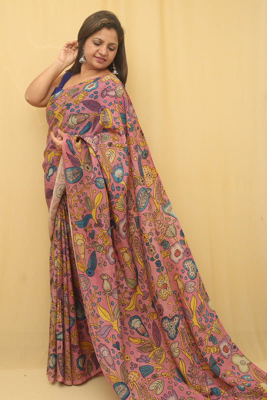 Pink Pen Kalamkari Pure Silk Saree - Luxurion World