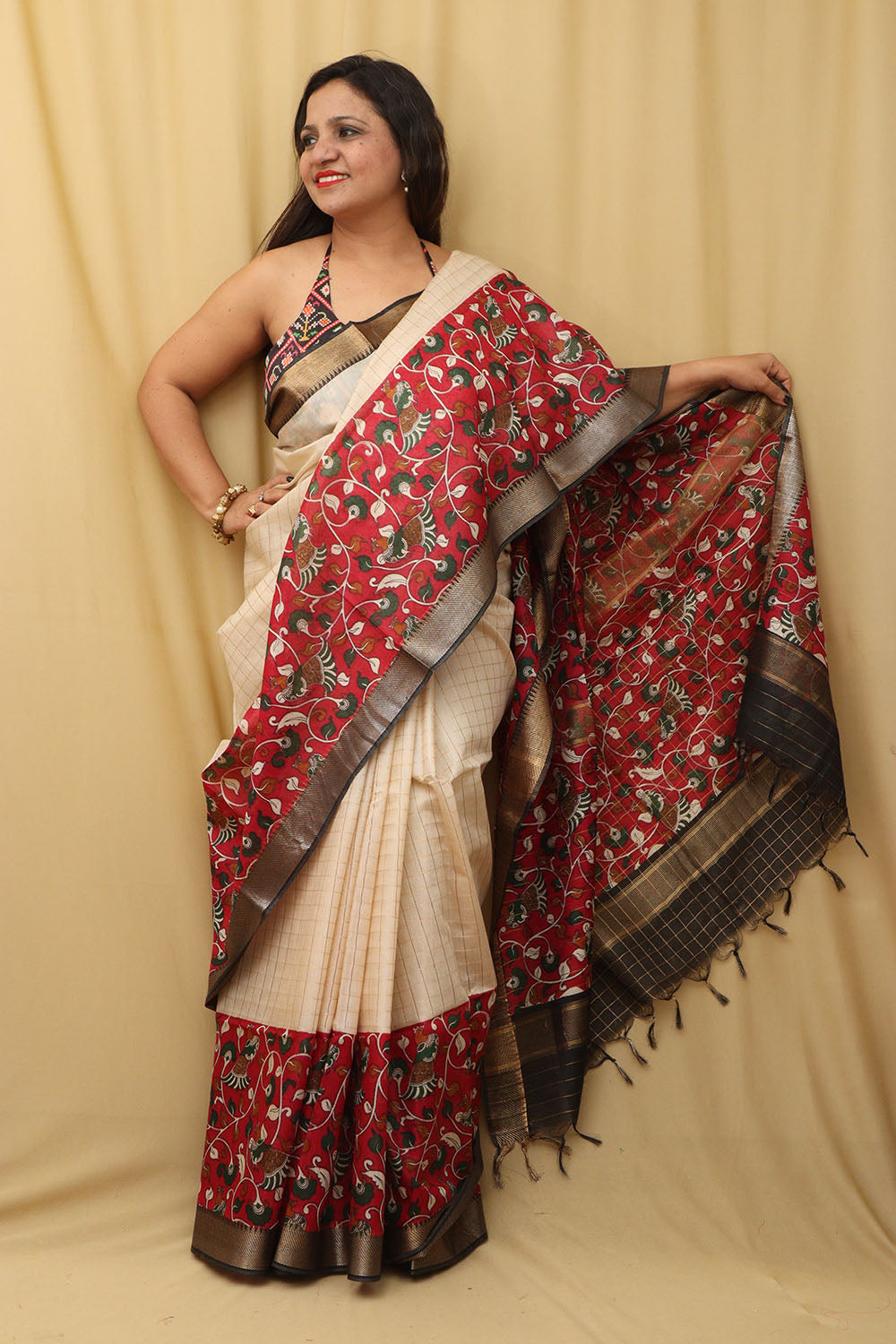 Cream And Red Kalamkari Digital Printed Cotton Silk Saree - Luxurion World