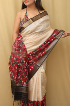 Cream And Red Kalamkari Digital Printed Cotton Silk Saree - Luxurion World