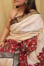 Cream And Red Kalamkari Digital Printed Cotton Silk Saree - Luxurion World