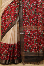 Cream And Red Kalamkari Digital Printed Cotton Silk Saree - Luxurion World