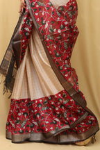 Cream And Red Kalamkari Digital Printed Cotton Silk Saree - Luxurion World
