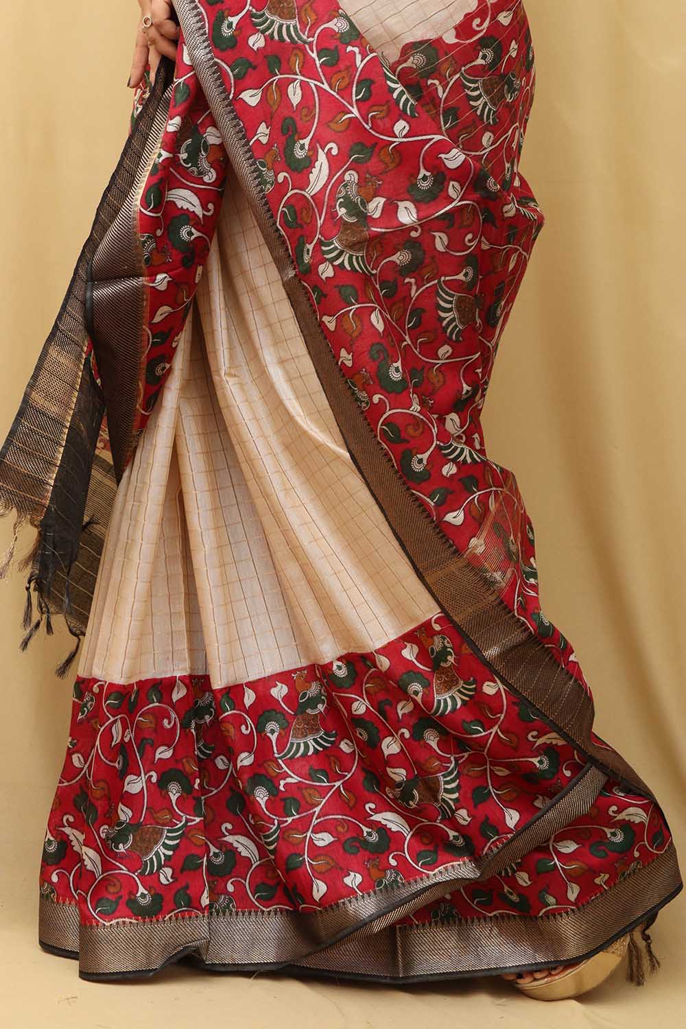 Cream And Red Kalamkari Digital Printed Cotton Silk Saree - Luxurion World