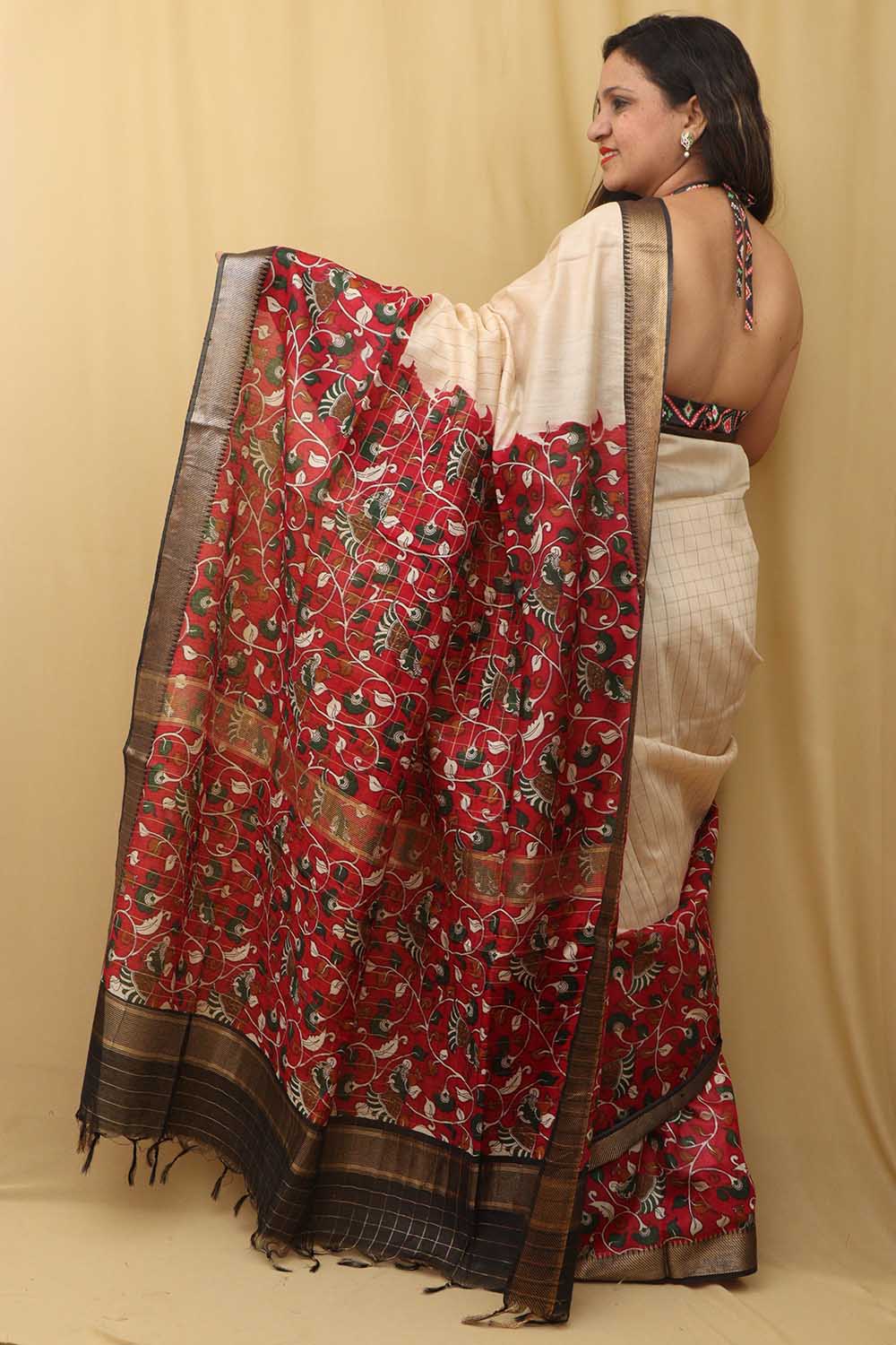 Cream And Red Kalamkari Digital Printed Cotton Silk Saree - Luxurion World