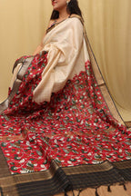 Cream And Red Kalamkari Digital Printed Cotton Silk Saree - Luxurion World