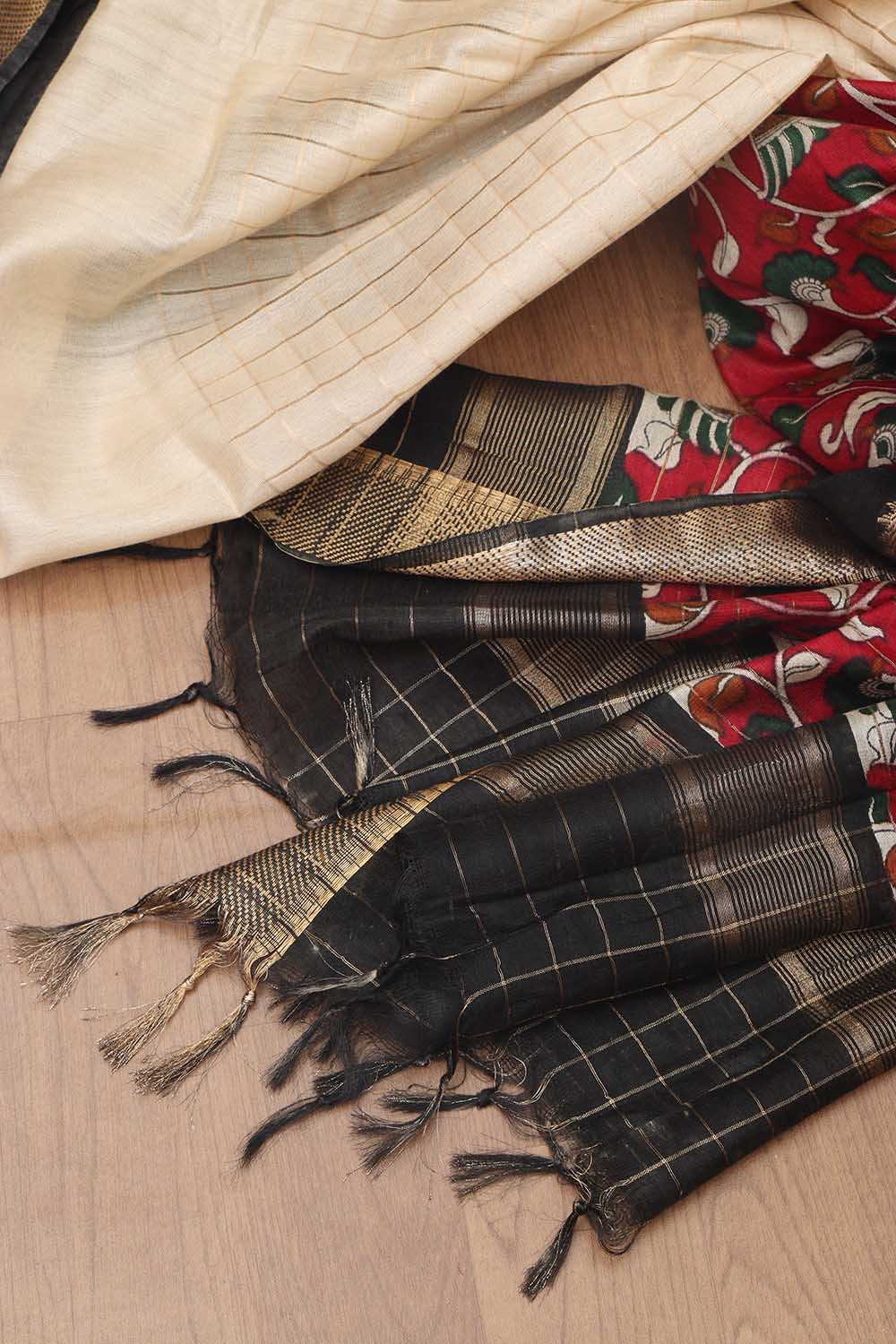 Cream And Red Kalamkari Digital Printed Cotton Silk Saree - Luxurion World