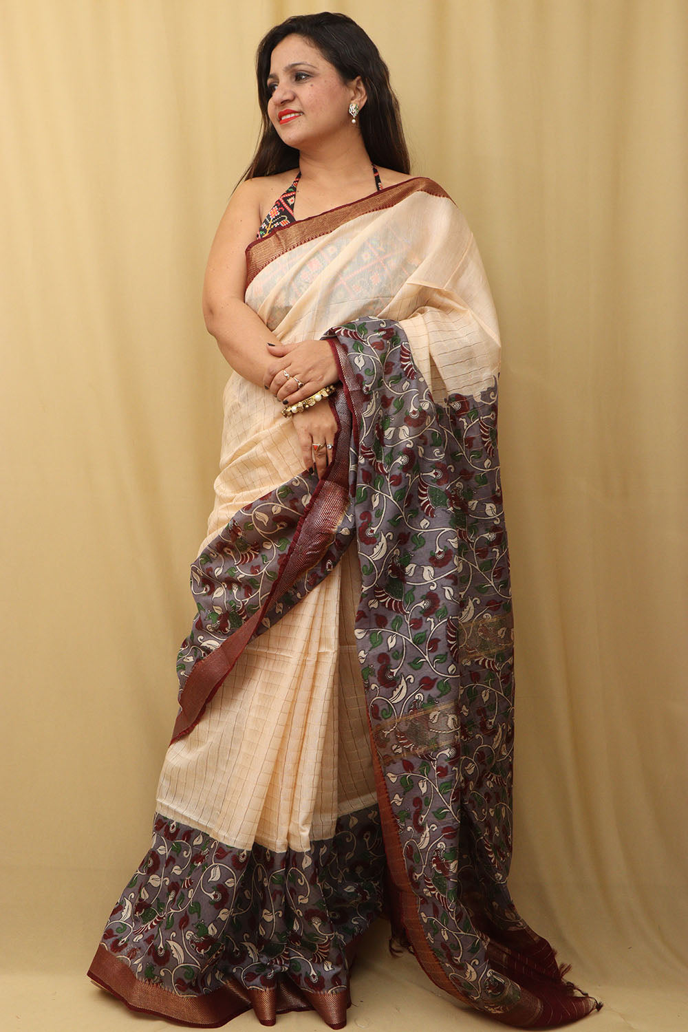 Elegant Cream And Purple Kalamkari Cotton Silk Saree - Luxurion World