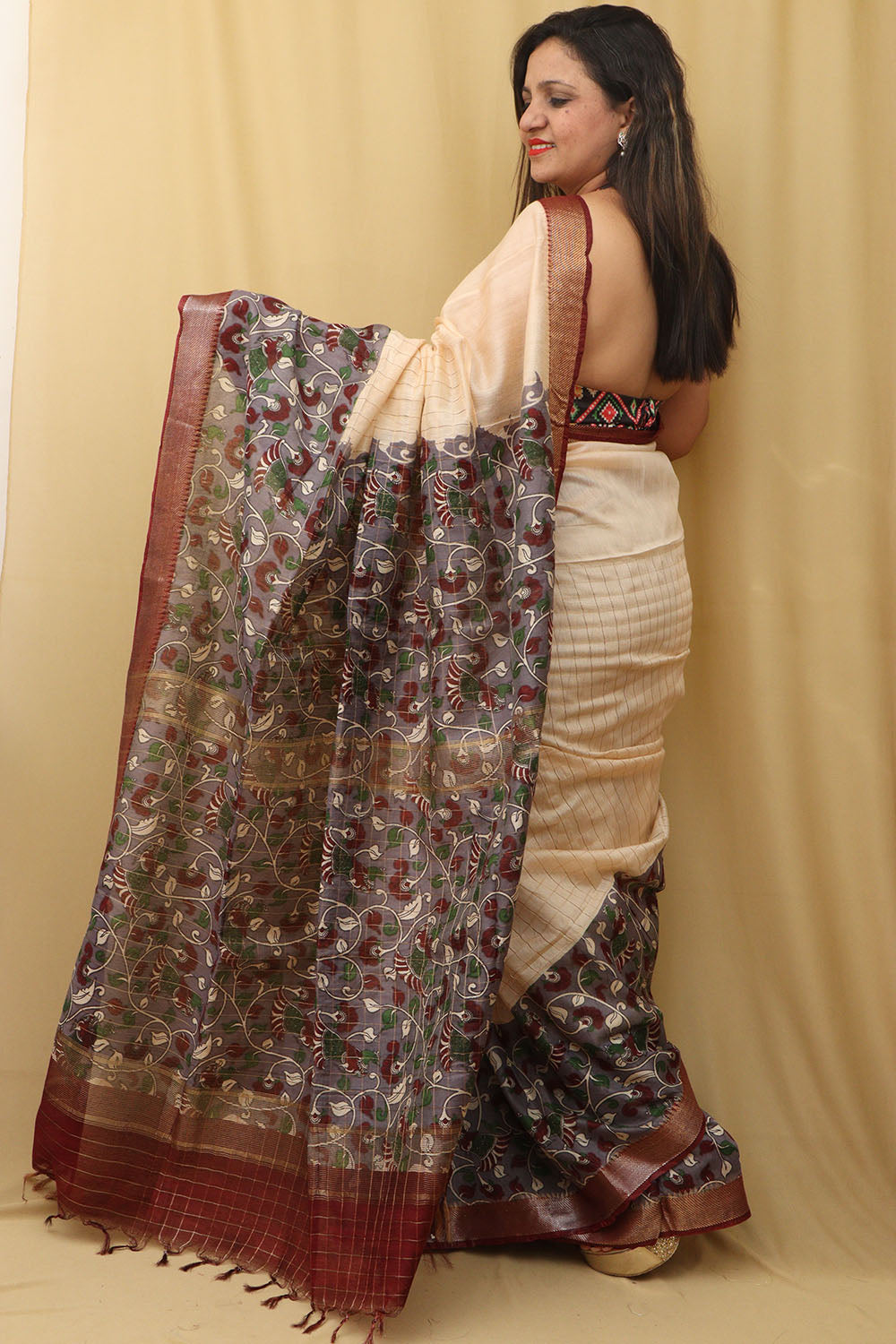 Elegant Cream And Purple Kalamkari Cotton Silk Saree - Luxurion World