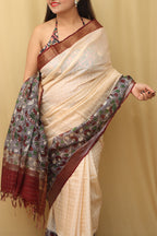 Elegant Cream And Purple Kalamkari Cotton Silk Saree - Luxurion World