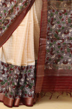 Elegant Cream And Purple Kalamkari Cotton Silk Saree - Luxurion World
