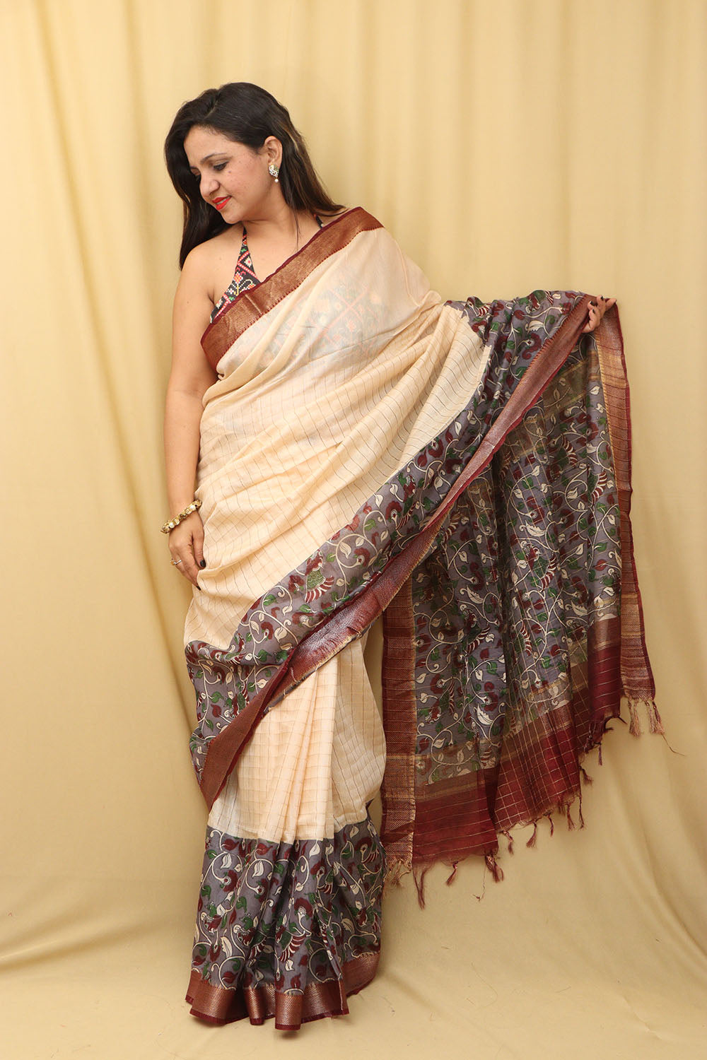 Elegant Cream And Purple Kalamkari Cotton Silk Saree - Luxurion World