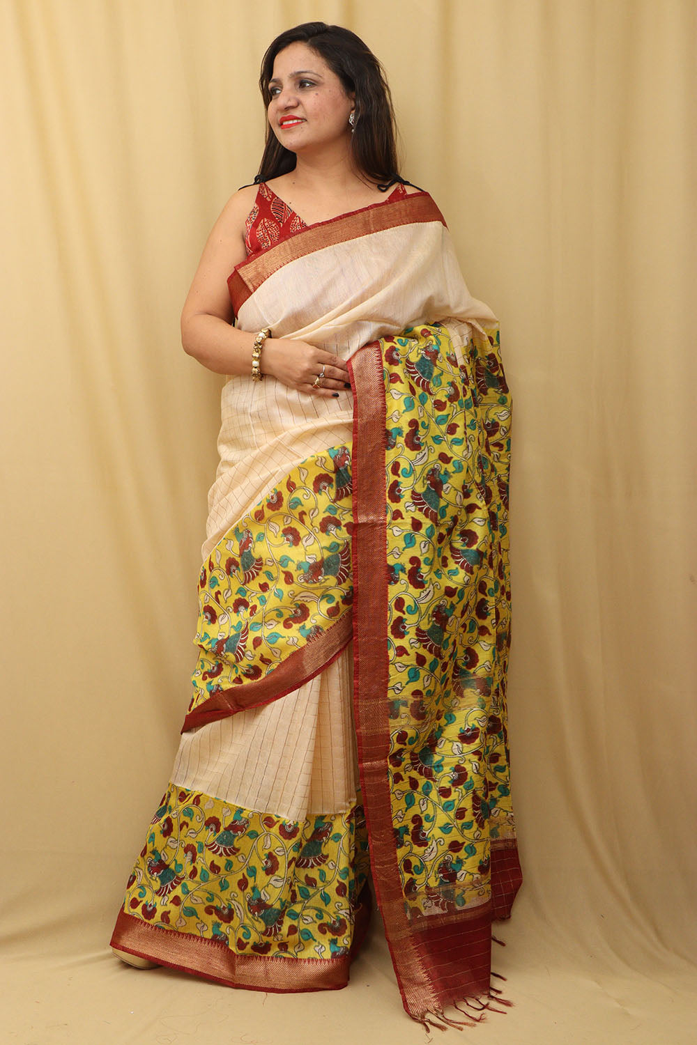 Stunning Cream And Yellow Kalamkari Cotton Silk Saree - Limited Edition - Luxurion World