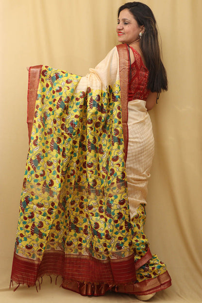 Stunning Cream And Yellow Kalamkari Cotton Silk Saree - Limited Edition - Luxurion World