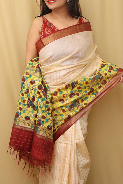 Stunning Cream And Yellow Kalamkari Cotton Silk Saree - Limited Edition - Luxurion World