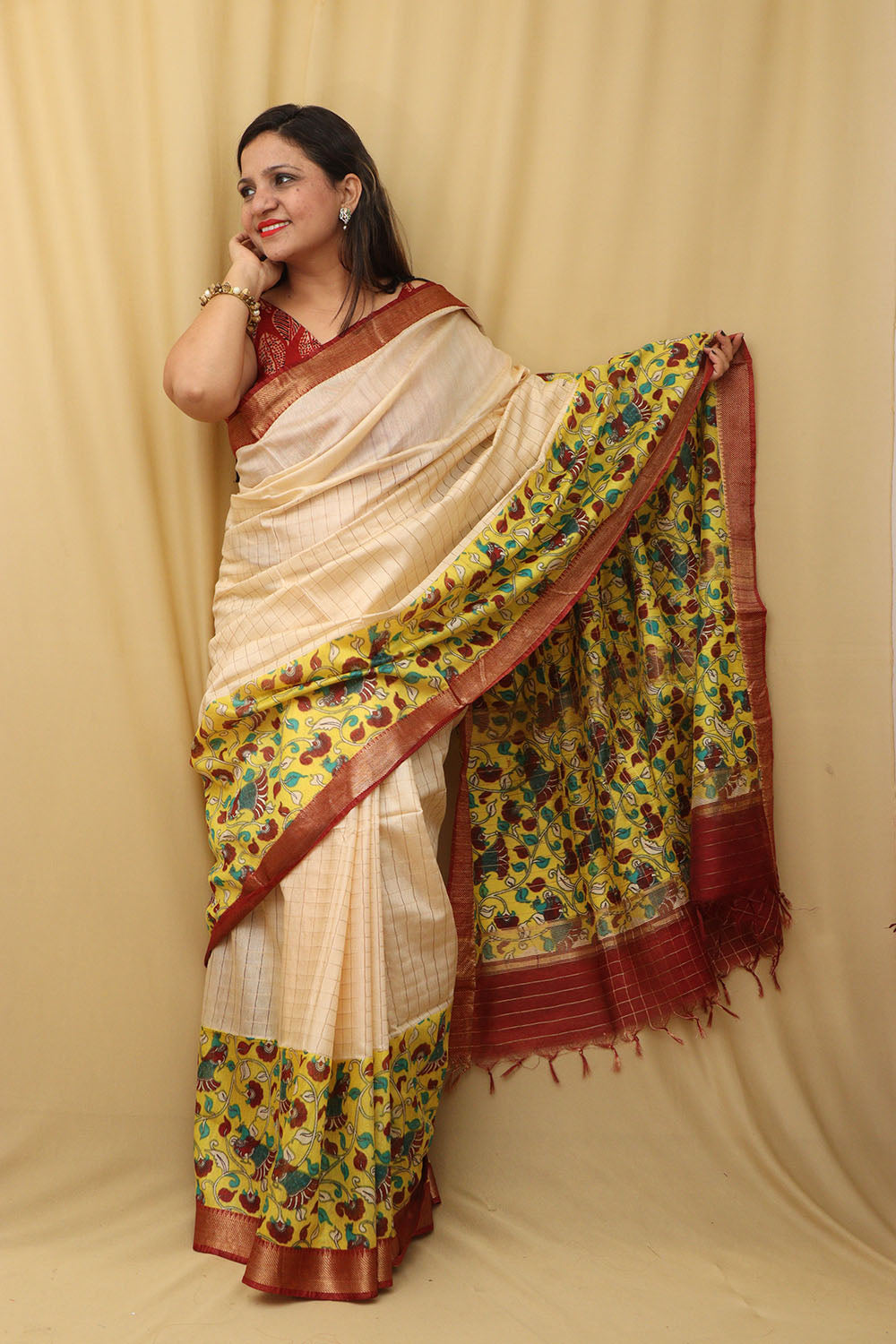 Stunning Cream And Yellow Kalamkari Cotton Silk Saree - Limited Edition - Luxurion World