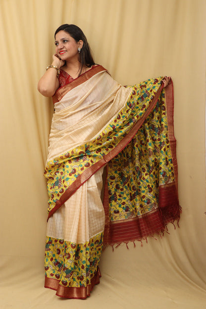 Stunning Cream And Yellow Kalamkari Cotton Silk Saree - Limited Edition - Luxurion World