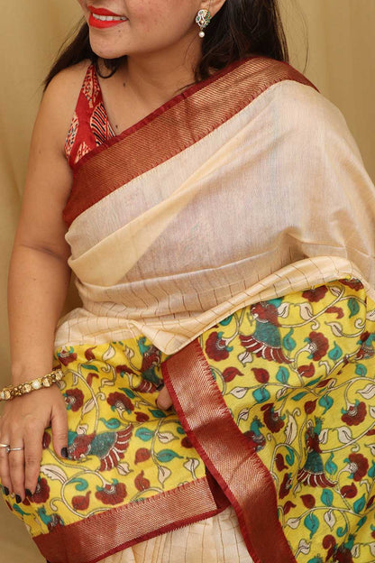 Stunning Cream And Yellow Kalamkari Cotton Silk Saree - Limited Edition - Luxurion World