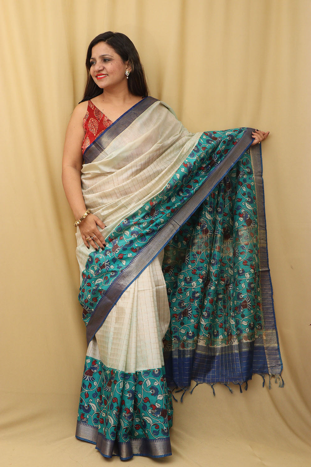 Elegant Cream And Blue Kalamkari Cotton Silk Saree - Luxurion World