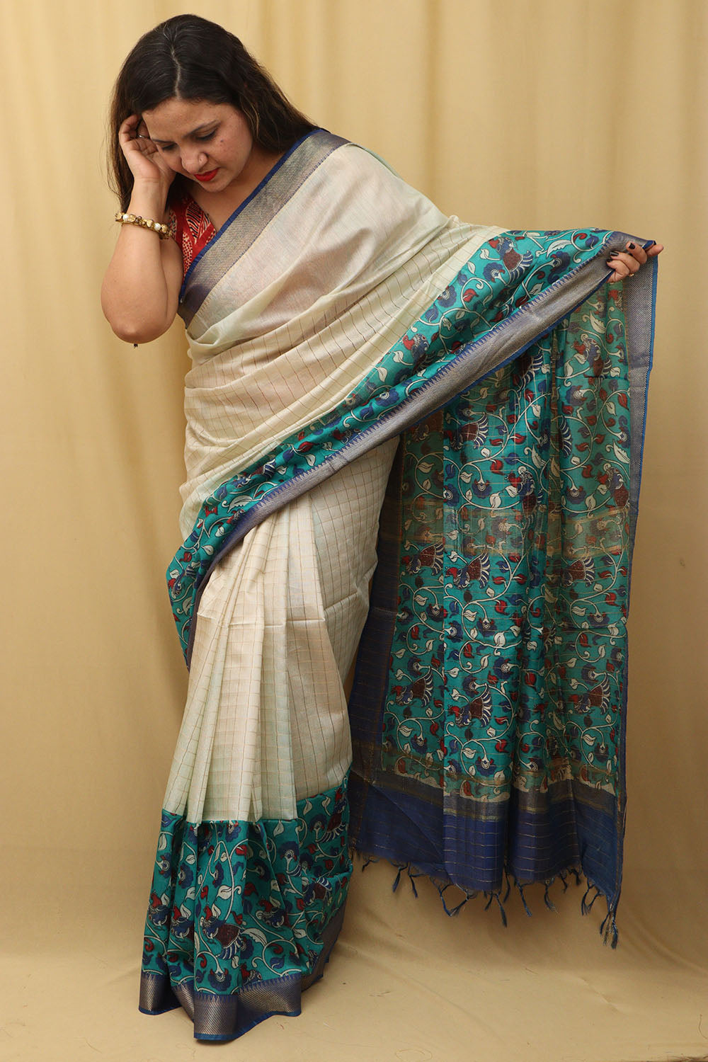 Elegant Cream And Blue Kalamkari Cotton Silk Saree - Luxurion World