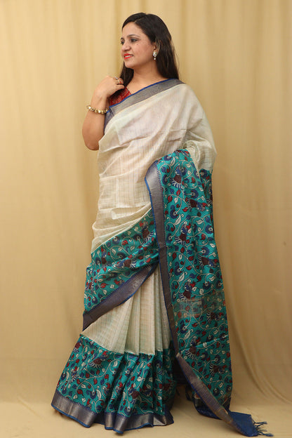 Elegant Cream And Blue Kalamkari Cotton Silk Saree - Luxurion World
