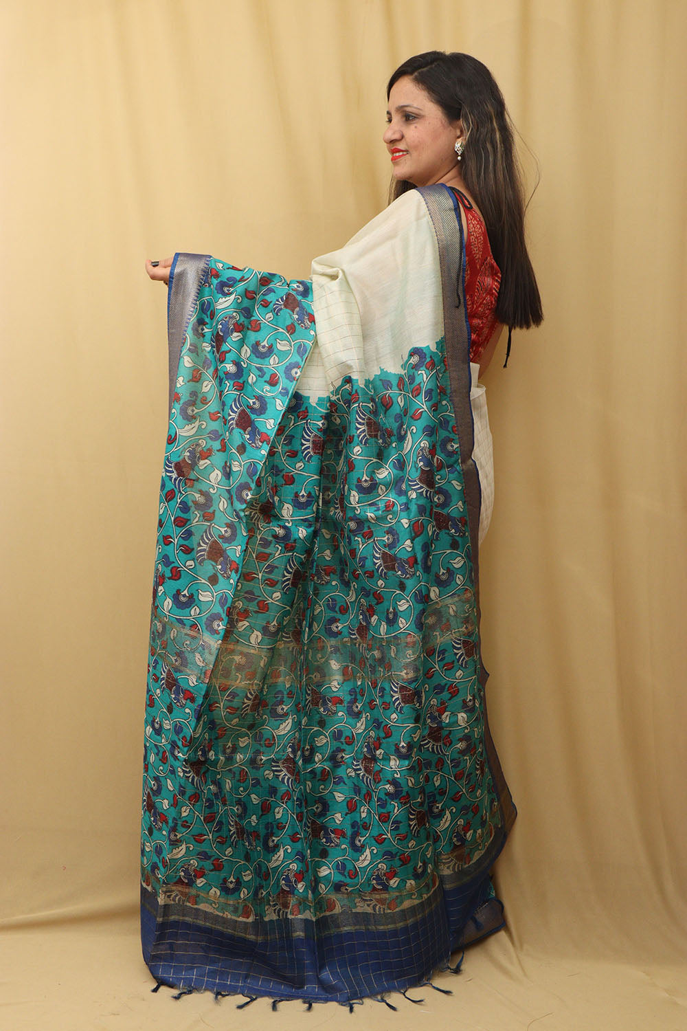 Elegant Cream And Blue Kalamkari Cotton Silk Saree - Luxurion World