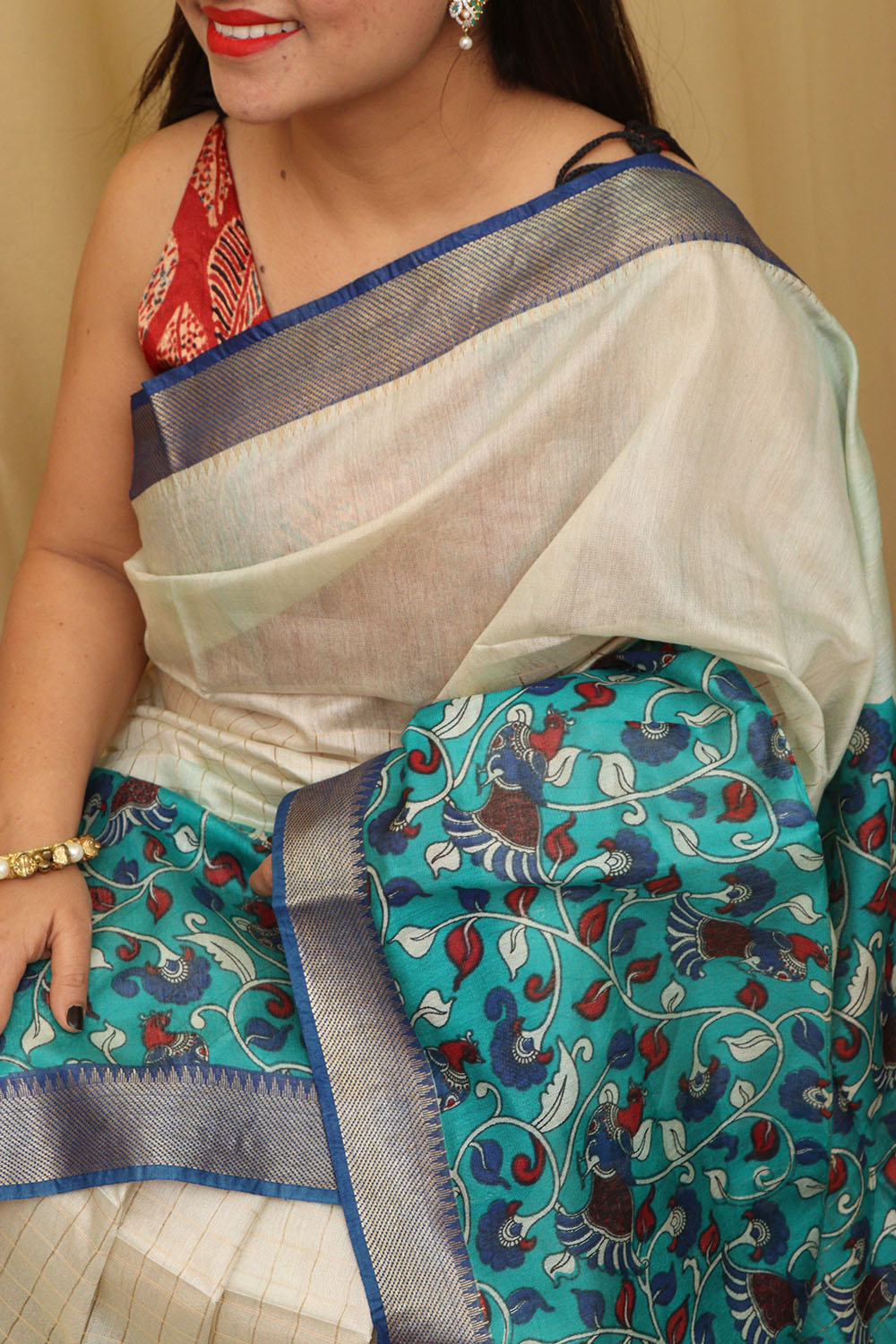 Elegant Cream And Blue Kalamkari Cotton Silk Saree - Luxurion World